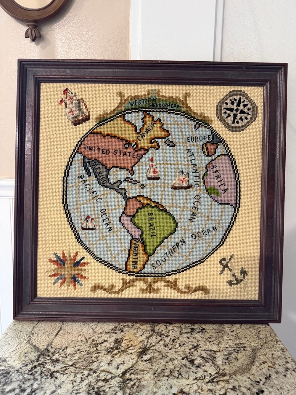 Framed Cross Stitch World Map Wall Art - Multi Color